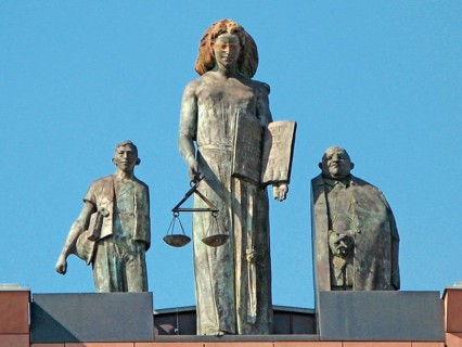Justitia sculpture, on roof of district court, Darmstadt, Hesse, Germany, Europe