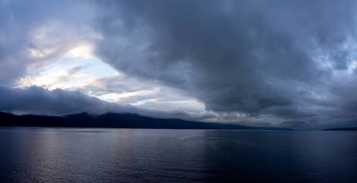 Storm clouds by the sea over the island of Cres, panoramic shot, Kvarner Bay, Croatia, Europe
