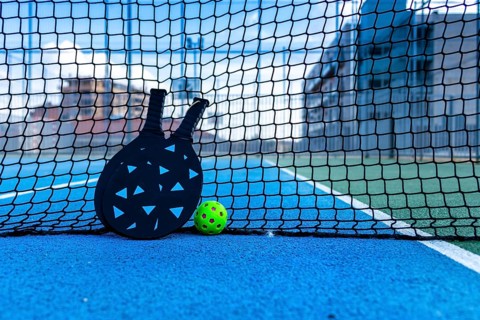 Pickleball ball and paddles resting on the net of a pickleball court