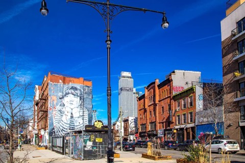 Street scene with mural in Williamsburg, a trendy neighbourhood in Brooklyn, New York City