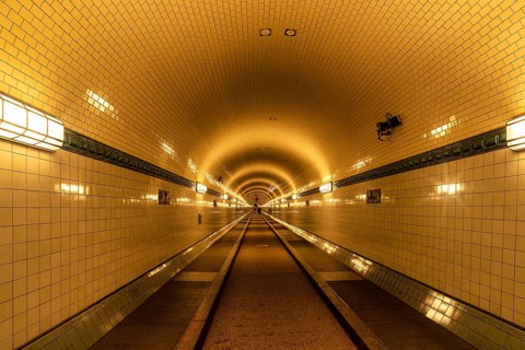 Old historic Elbtunnel, warm light, Landungsbrücken, harbour, Hamburg