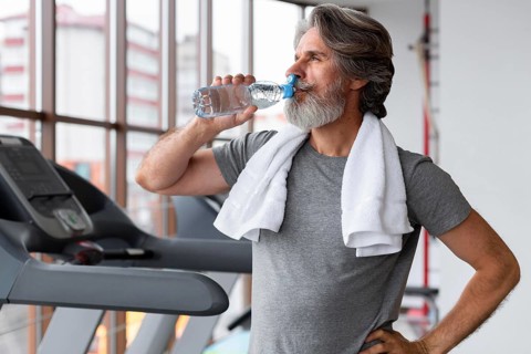 Medium shot man drinking water gym