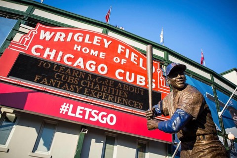 Chicago, USA, August 12, 2015: The famous signage on a warm summer's night at Wrigley Field, North