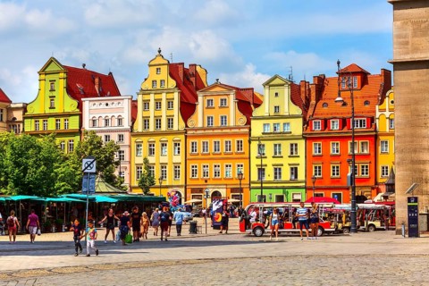 Wroclaw, Poland, June 21, 2019: View of Old town Salt Square colorful houses, flower stalls and
