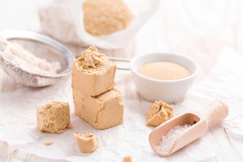 Fresh and dried yeast with baking ingredients on white background