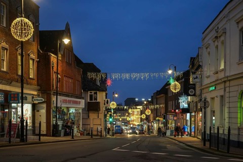 EAST GRINSTEAD, WEST SUSSEX, UK - DECEMBER 16 : Christmas decorations and lights in East Grinstead,