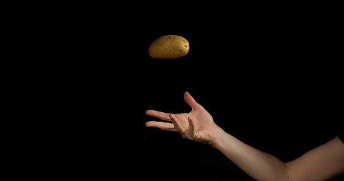 Hand of Woman Throwing a Potatoe against Black Background