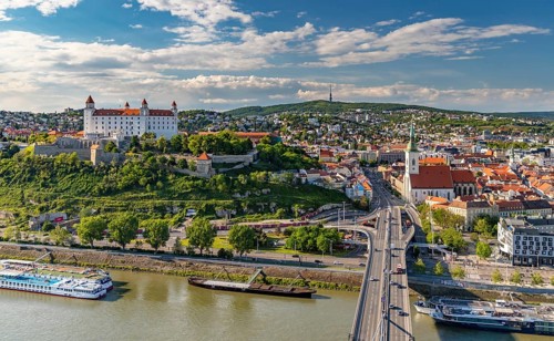 A picture of the landmarks of Bratislava: St. Martin's Cathedral, the Bratislava Castle and the