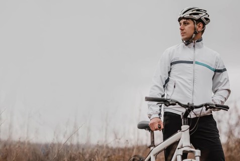 Man riding mountain bike special equipment with copy space