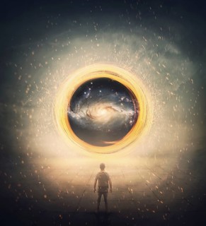 Surreal portal for teleportation as an abstract glowing circular twirl with spinning sparks.