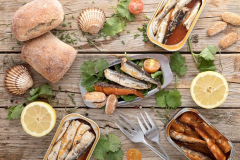 Top view seafood with lemon oysters
