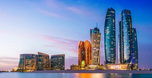 ABU DHABI, UNITED ARAB EMIRATES - FEB 10, 2019: Etihad Towers in Abu Dhabi, United Arab Emirates