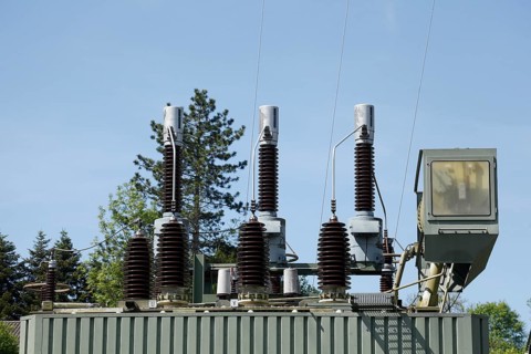 Substation with insulators, Prien am Chiemsee, Bavaria, Germany, Europe