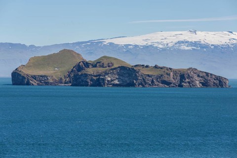 Ellidaey with Eyjafjallajökull, Westman Islands, Iceland, Europe