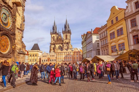 Prague, Czech Republic, February 25, 2017: People at Old Town Square, Stare Mesto and famous