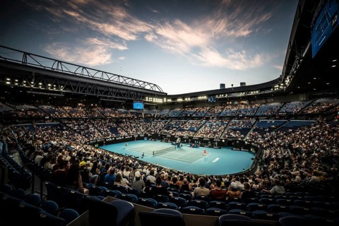 MELBOURNE, AUSTRALIA, JANUARY 24: Taylor Fritz of USA vs Stefanos Tsitsipas of Greece on day 8 of
