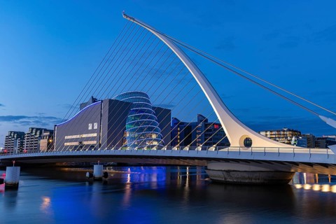Blue hour at the Samuel Becket Bridge, Dublin, Ireland, Europe