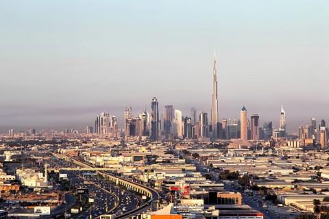 Skyline of Dubai with the tallest building in the world, the Burj Khalifa, photographed from the