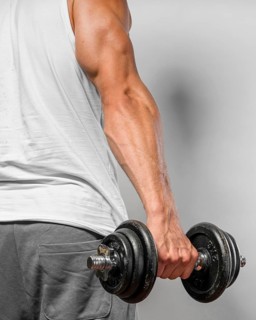 Back view very fit man holding weight