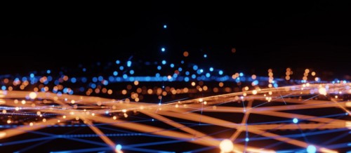 Blue and orange illumination grid pattern, communication technology for internet business. Global