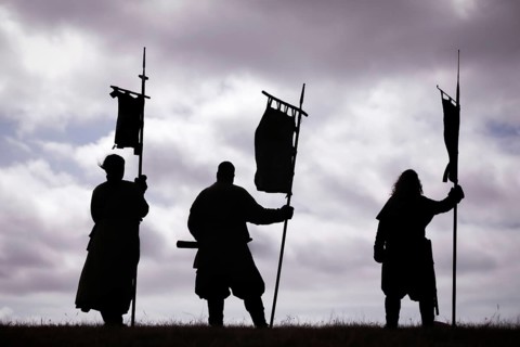 Guarding the banners, Trelleborg Vikings Festival, Trelleborg, Denmark, Europe