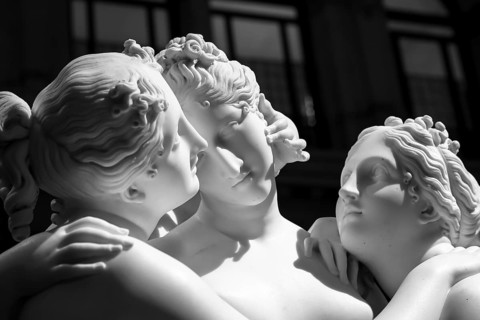 MILAN, ITALY - CIRCA JUNE 2020: Antonio Canova?s statue The Three Graces (Le tre Grazie).