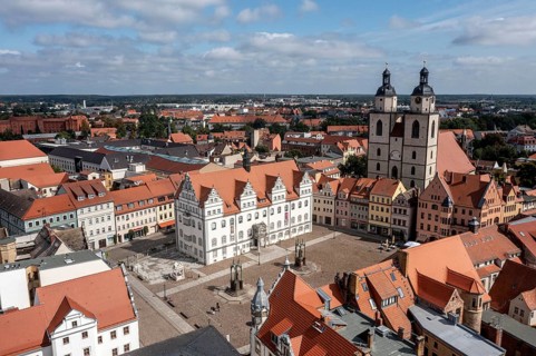Drone shot, aerial view, drone photo, picture from above, historic town church St. Marien, view