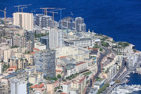 Monte-Carlo district with large construction site of the new Mareterra district built into the sea,