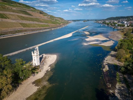 Aerial view with Rhine and Mäuseturm during extremely low water in the drought summer of 2022,