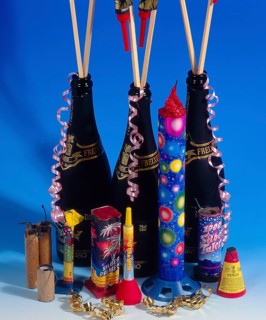 Fireworks rockets firecrackers, bangers, rockets, streamer New Year's Eve motif, New Year's motif