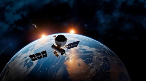 Satellite spacecraft in earth orbit in space, space monitoring concept, AI generated