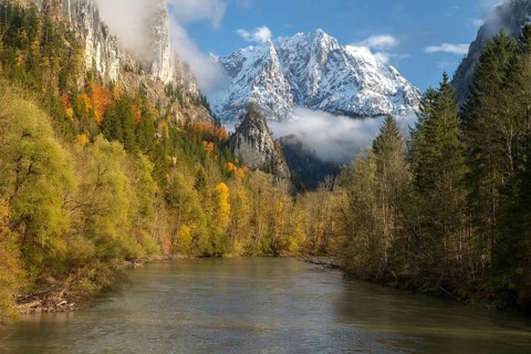 Gesäusee entrance, autumnal view of the free-flowing Enns, Gesäuse National Park, Hall, Styria,