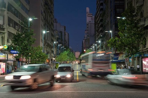 Road traffic at night, Montevideo, Uruguay, South America