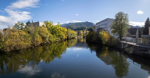 View over the Mur to Mount Mugel, Waasenbrücke, panoramic view, Leoben, Styria, Austria, Europe