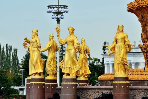 Moscow, Russia, august 12, 2019: The Peoples Friendship, Friendship of Nations, fountain with