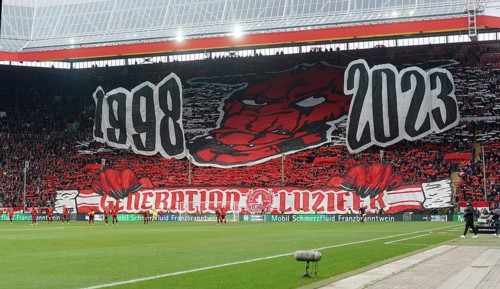 Fan choreography by the fans of 1.FC Kaiserslautern in the West Curve of the Fritz Walter Stadium,