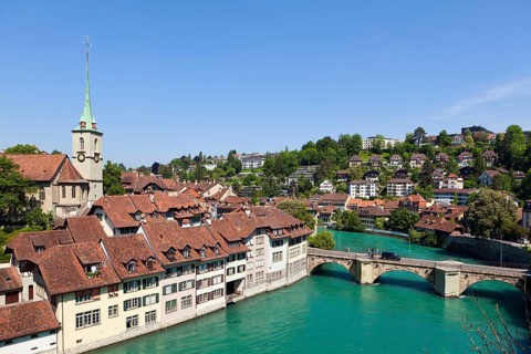 River Aare, panoramic view from Nydeggbrücke, Unterbrücke, Mattenhof, Bern, Switzerland, Europe