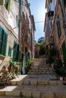 Stairway in the mountain village of Banyalbufar, Serra de Tramuntana, Majorca, Balearic Islands,