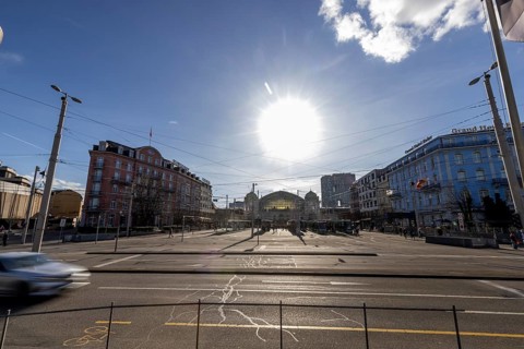 Sun is low over the main railway station, SBB railway station, Centralbahnplatz, Basel, Canton of