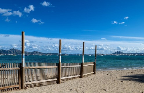 On the beach of Port de Pollença or Pollensa, Serra de Tramuntana, Majorca, Balearic Islands,