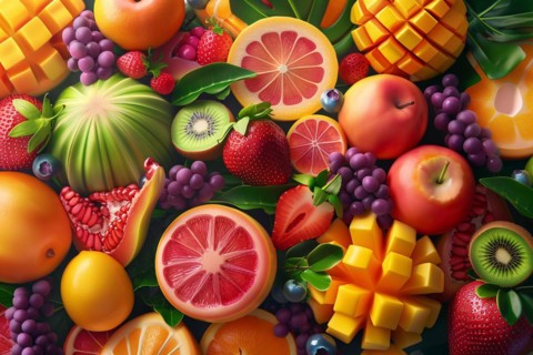 Colorful and artfully arranged slices of fruits like mangoes, strawberries, and kiwi, 3D digital