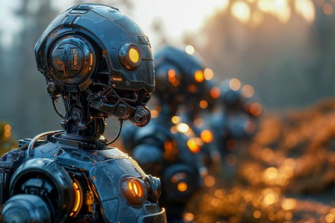 Close-up of a futuristic robot head at sunset with warm colour tones, cyborg, AI generated, AI