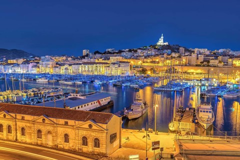 Marseille night city skyline at harbour, Marseille, France, Europe