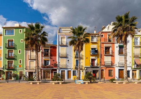 Villajoyosa, Spain - 20 January, 2022: view of the colorful houses on the beach in the historic old