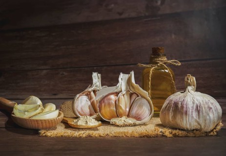 Whole, powdered and chopped garlic on a burlap cloth with a glass bottle with olive oil on a wooden