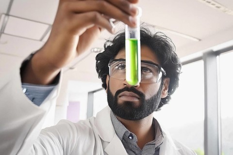 Scientist in the lab examining a glass tube with green liquid, ai generated, AI generated