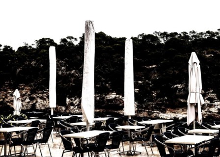 Empty restaurant terrace in the low season in Cala Figuera near Santanyí, Majorca, Balearic