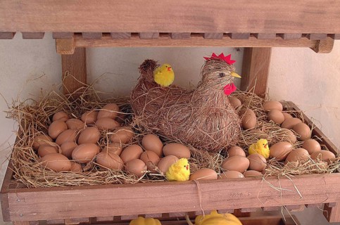 EASTER DECORATION WITH HEN, CHICK AND EGGS