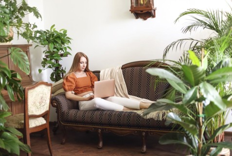Barefoot female using netbook while relaxing on elegant couch amidst lush potted plants
