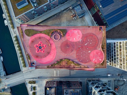 Copenhagen, Denmark, April 07, 2020: Aerial drone view of Konditaget Luders, a recreational space